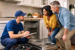 Homeowner discussing appliance repair options with a technician in a modern kitchen with stainless steel appliances