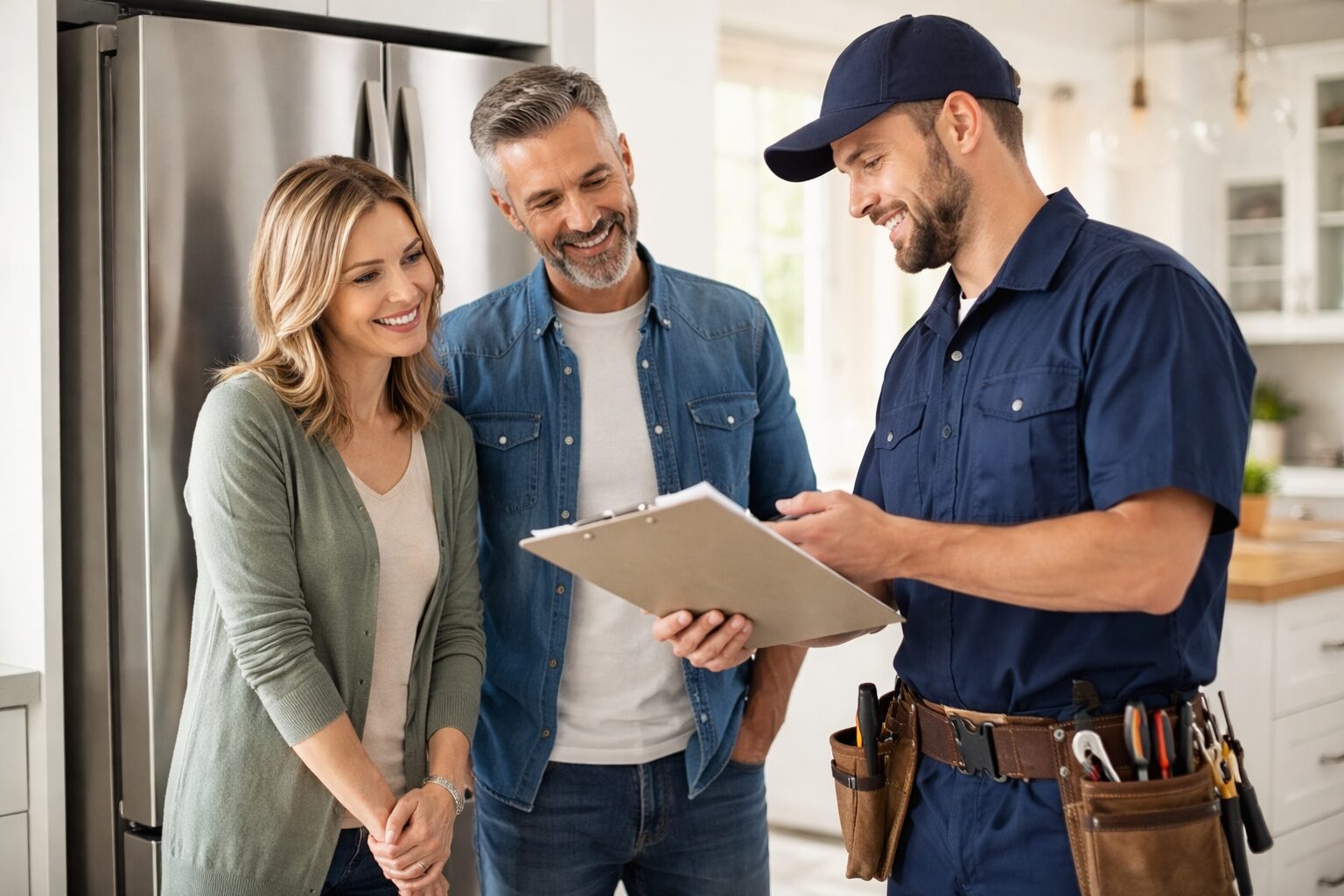 couple discussing appliance warranty options with sales associate in modern appliance showroom