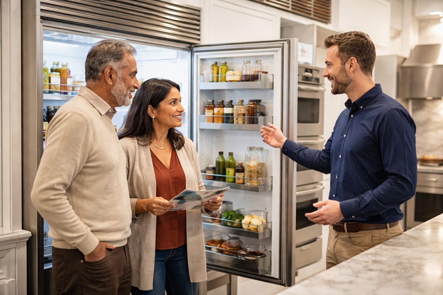 Older Brown couple examining a high-end kitchen appliance in a modern showroom with a sales associate nearby
