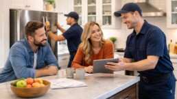 couple discussing extended warranty options with appliance sales associate in modern appliance showroom