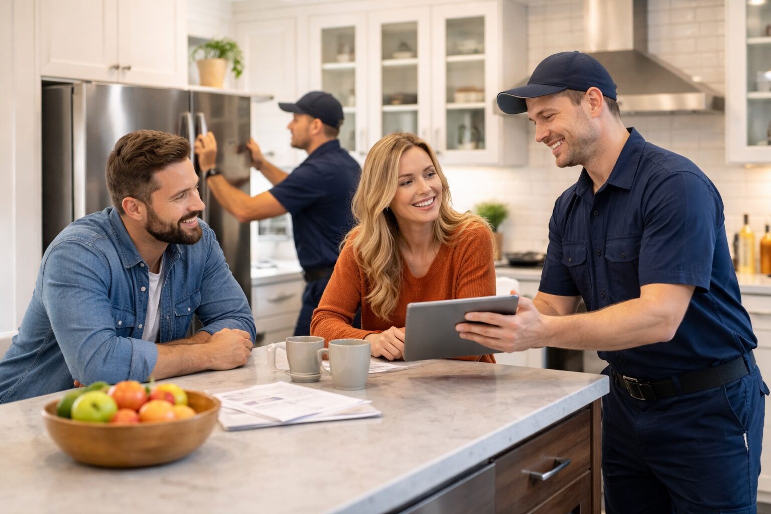 couple discussing extended warranty options with appliance sales associate in modern appliance showroom