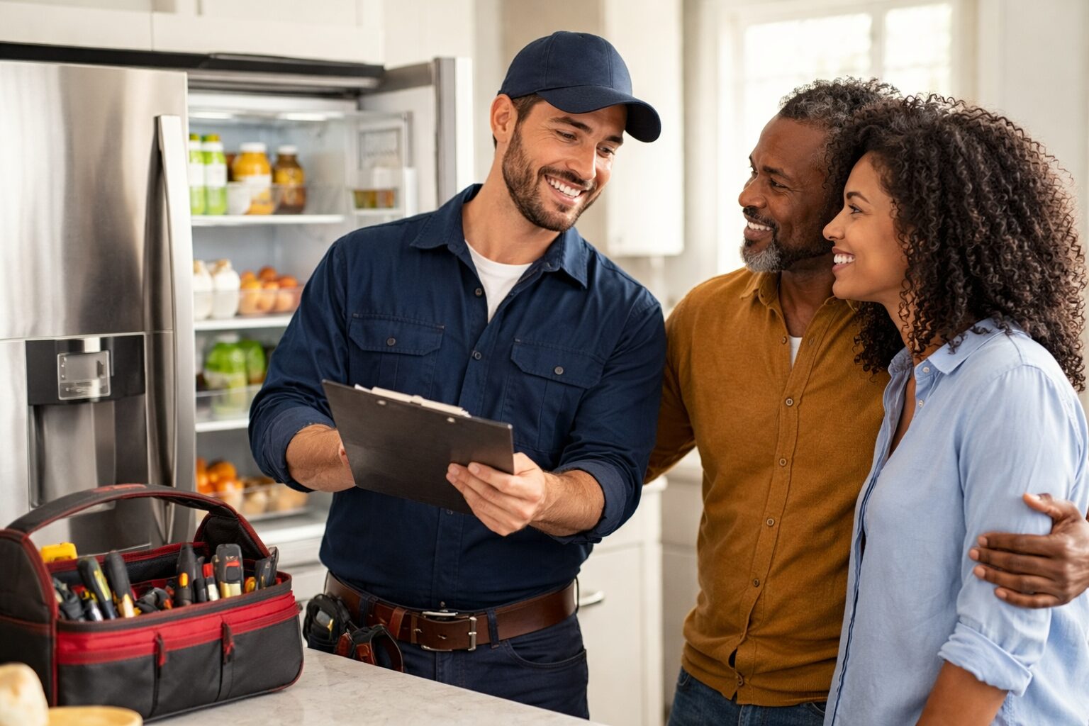couple discussing extended warranty options with appliance sales associate in modern appliance showroom