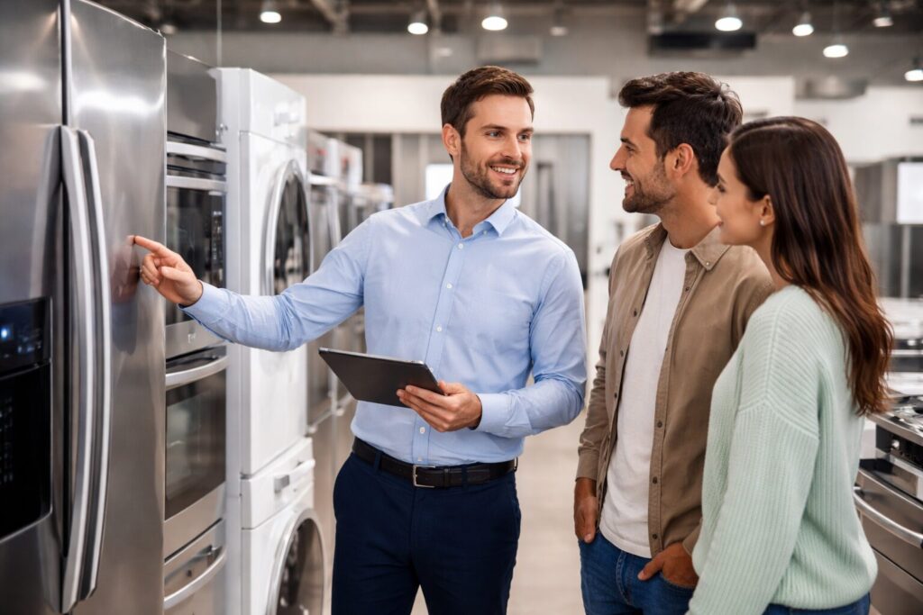 salesperson explaining appliance warranty options to a customer in a modern appliance store showroom
