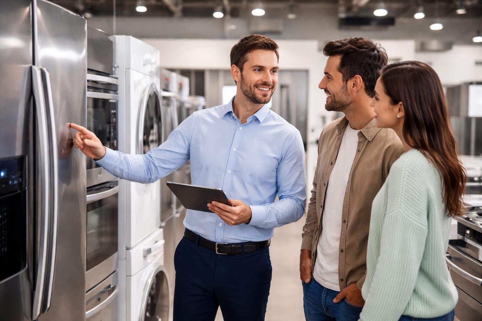 salesperson explaining appliance warranty options to a customer in a modern appliance store showroom