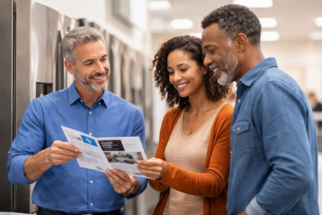Appliance sales associate explaining warranty options to a middle-aged couple in a modern kitchen showroom