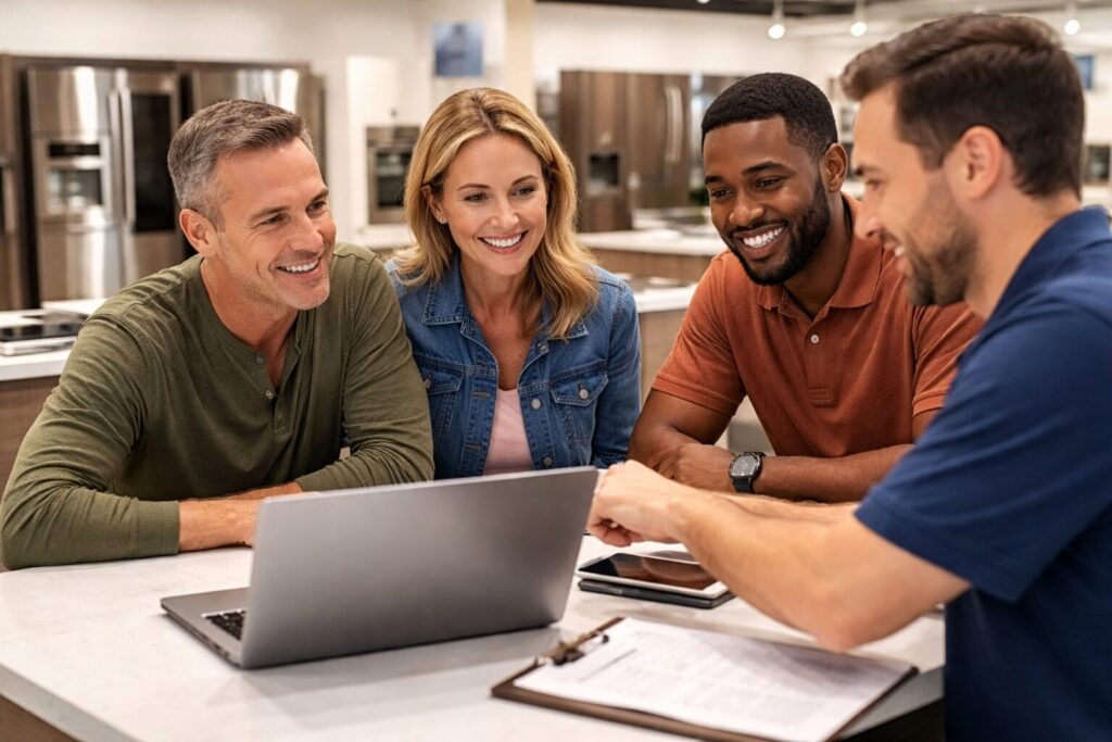 Appliance store employee assisting a middle-aged couple with warranty questions in a modern kitchen showroom