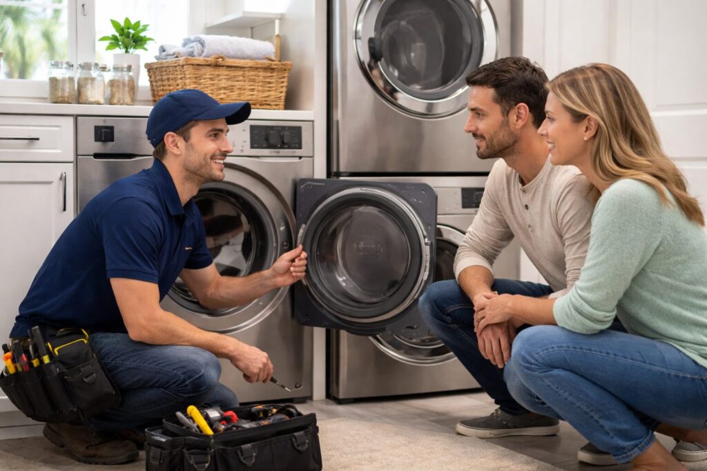 Appliance sales associate assisting a middle-aged couple in a modern showroom with kitchen appliances on display