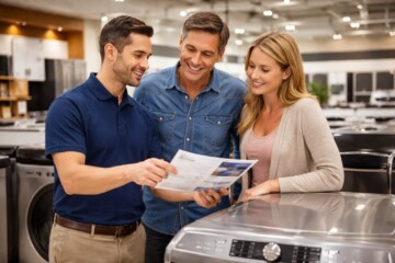 Appliance sales associate explaining warranty options to a couple shopping in a modern appliance showroom