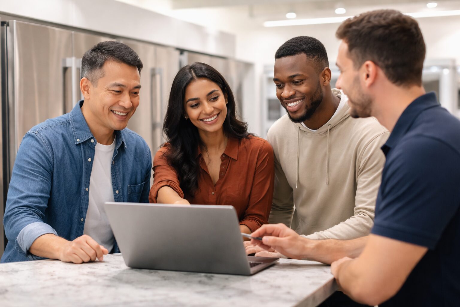 Multicultural appliance sales associates assisting diverse customers with warranty options in a modern showroom setting