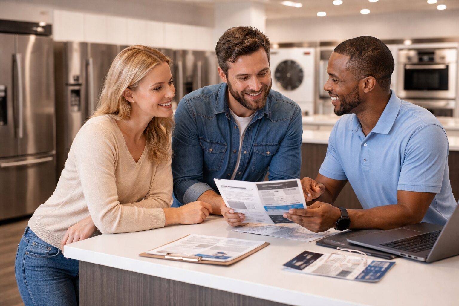 Appliance sales associate helping a diverse couple choose a refrigerator in a bright modern showroom