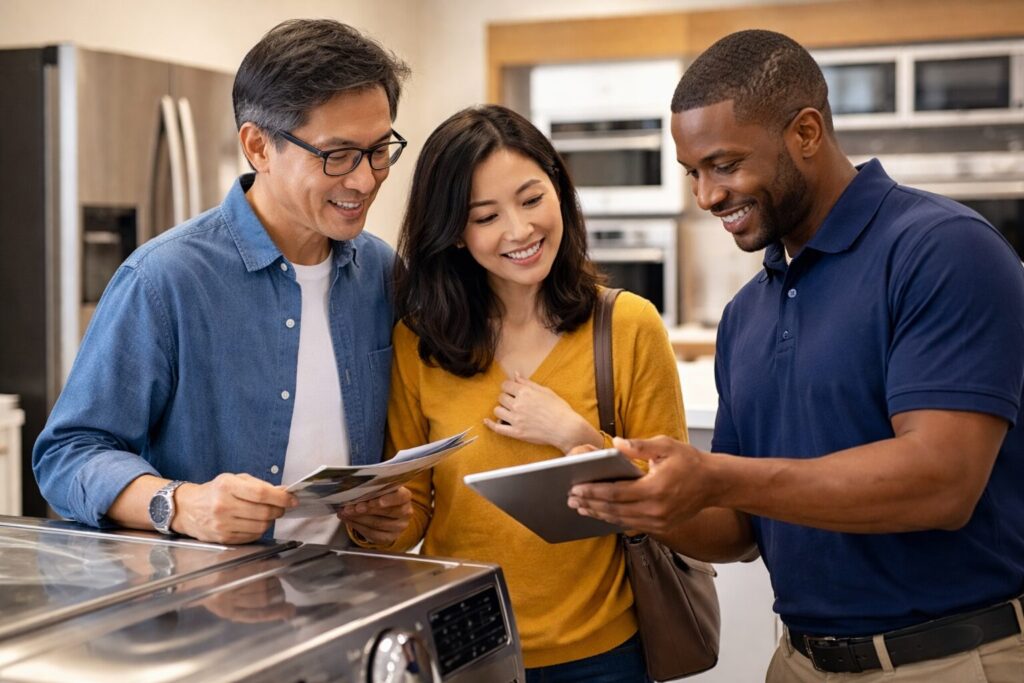Asian couple shopping for modern kitchen appliances in a bright showroom with a sales associate assisting them
