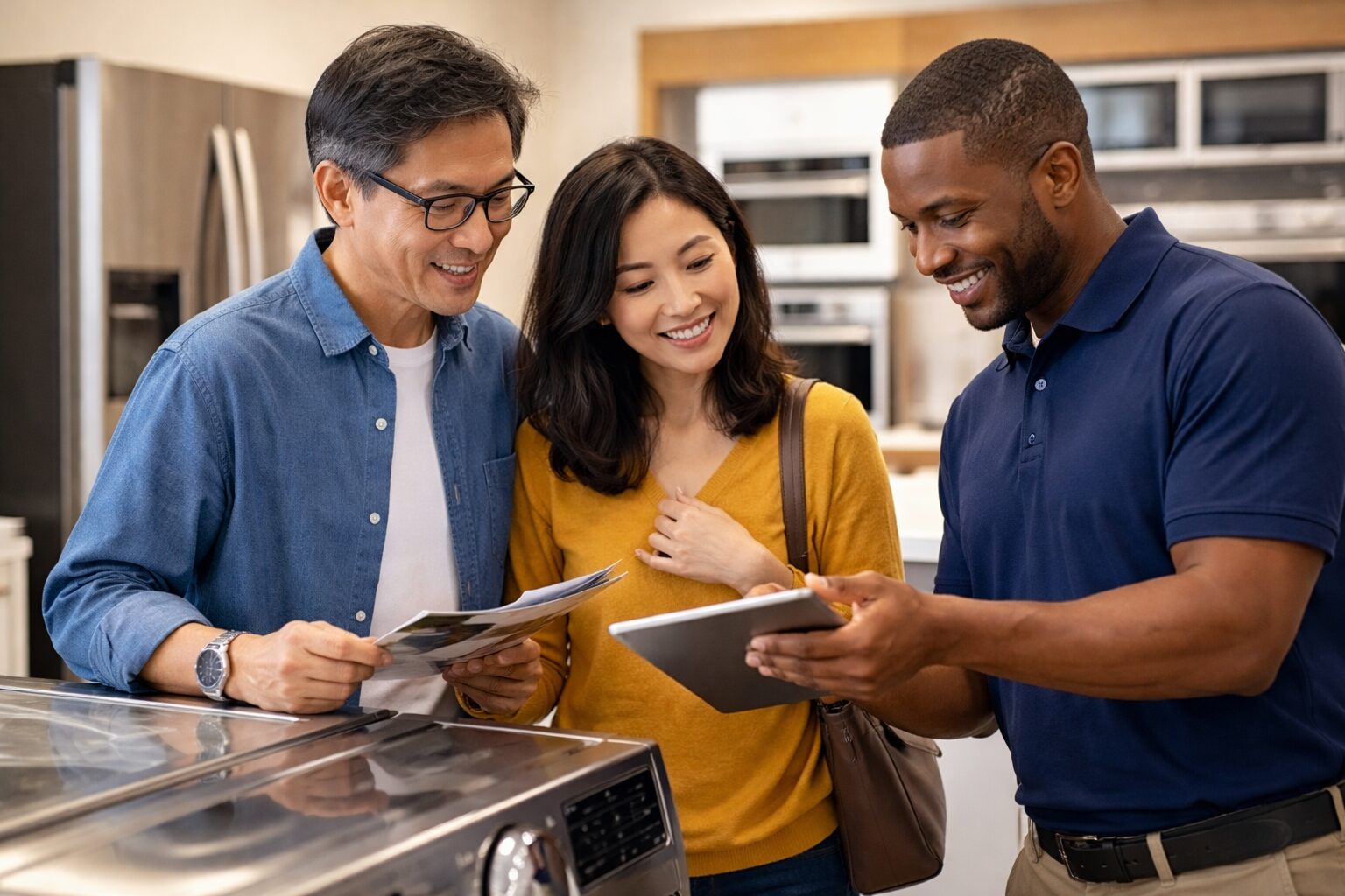 Asian couple shopping for modern kitchen appliances in a bright showroom with a sales associate assisting them