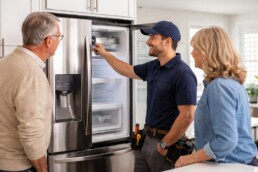 Appliance technician inspecting a modern kitchen stove while a homeowner watches and discusses the repair details