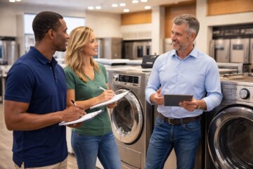 Appliance sales associate explaining warranty options to a couple shopping in a modern appliance showroom