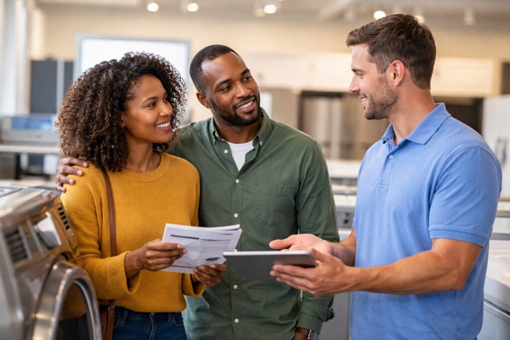 Black couple discussing appliance financing and protection plans with sales associate in modern appliance showroom