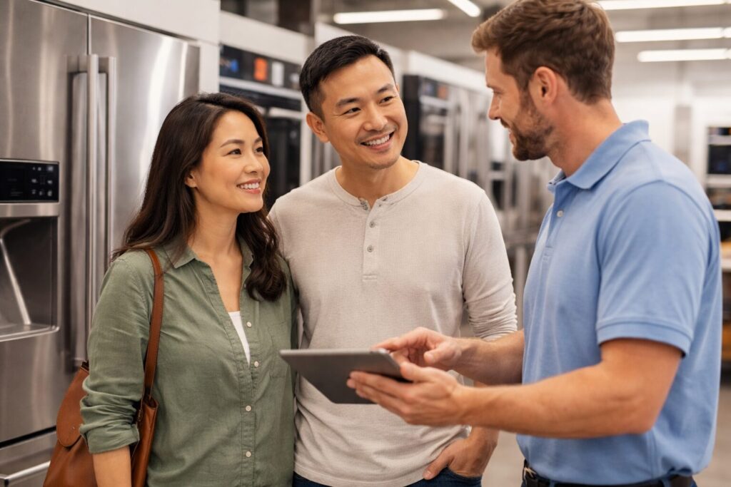 Asian couple discussing appliance warranty options with a sales associate in a modern appliance showroom