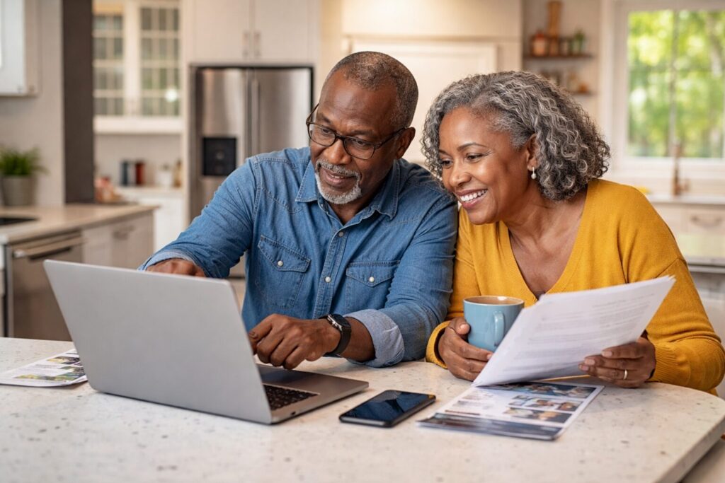 Black older couple examining appliance warranty options on a tablet while shopping in a modern appliance showroom