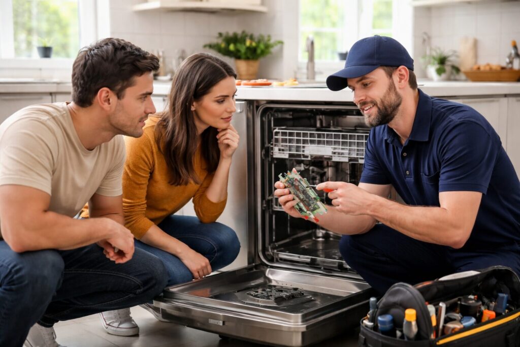 Homeowner and appliance technician inspecting a modern kitchen refrigerator during a repair service visit