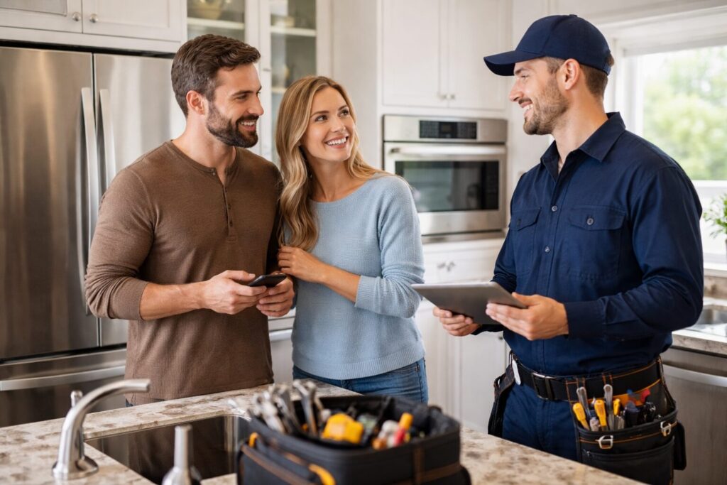 Homeowner discussing appliance repair options with a service technician in a modern kitchen environment