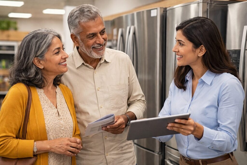 Older Indian couple discussing appliance options with a sales associate in a modern showroom environment