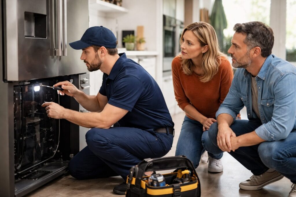 Homeowner inspecting a modern kitchen refrigerator with a technician explaining repair options during a service visit