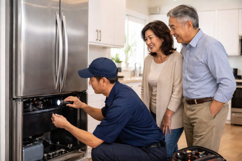 Asian older couple examining a modern washing machine in a bright kitchen with natural light and casual clothing