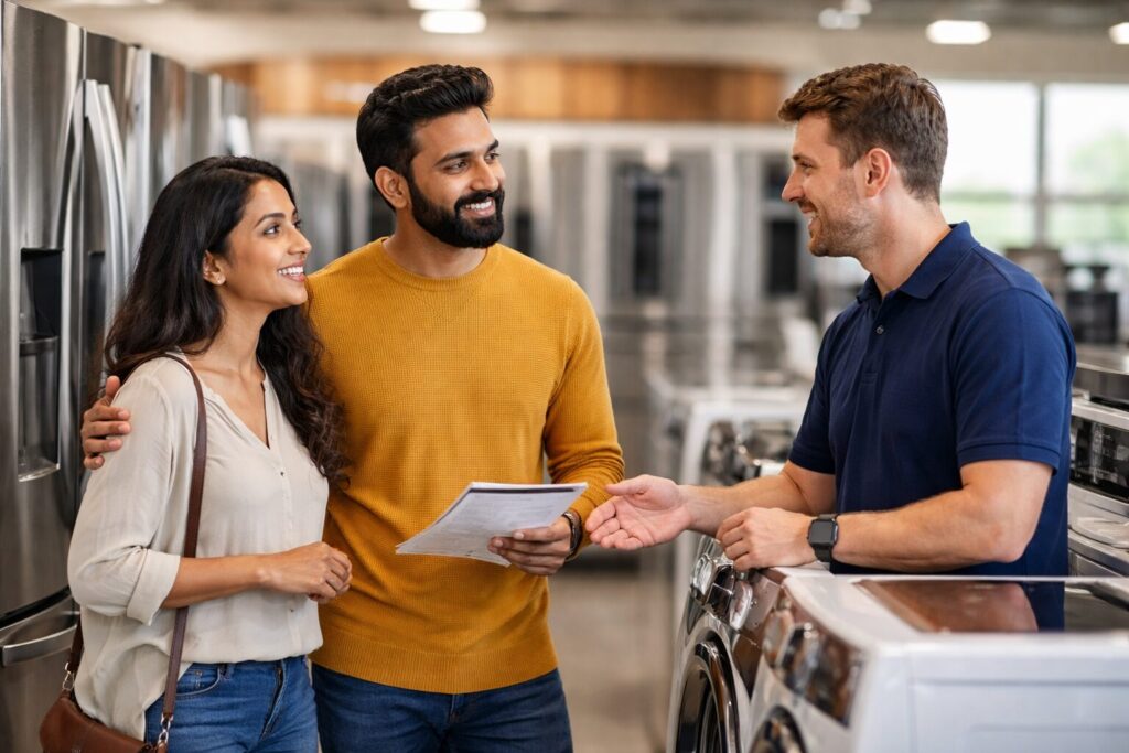 Indian couple discussing appliance protection plans with a sales associate in a modern appliance showroom