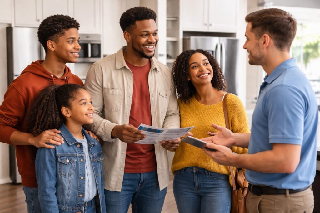 Black family shopping for appliances in a modern showroom discussing warranty options with a sales associate