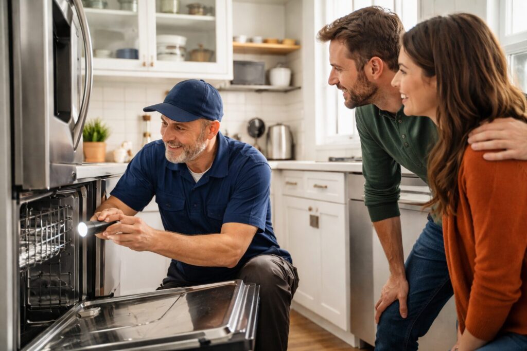 Homeowner and appliance technician discussing repair options in a modern kitchen with stainless steel appliances