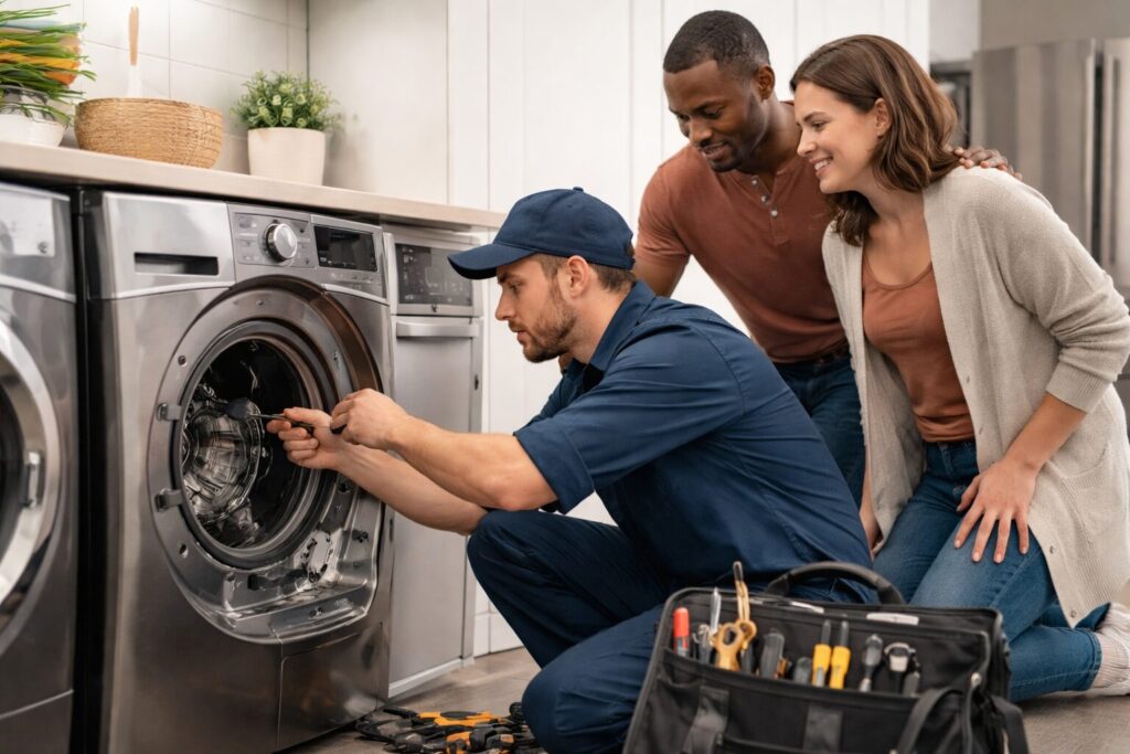 middle-aged couple inspecting a washing machine in a bright modern laundry room during appliance repair discussion