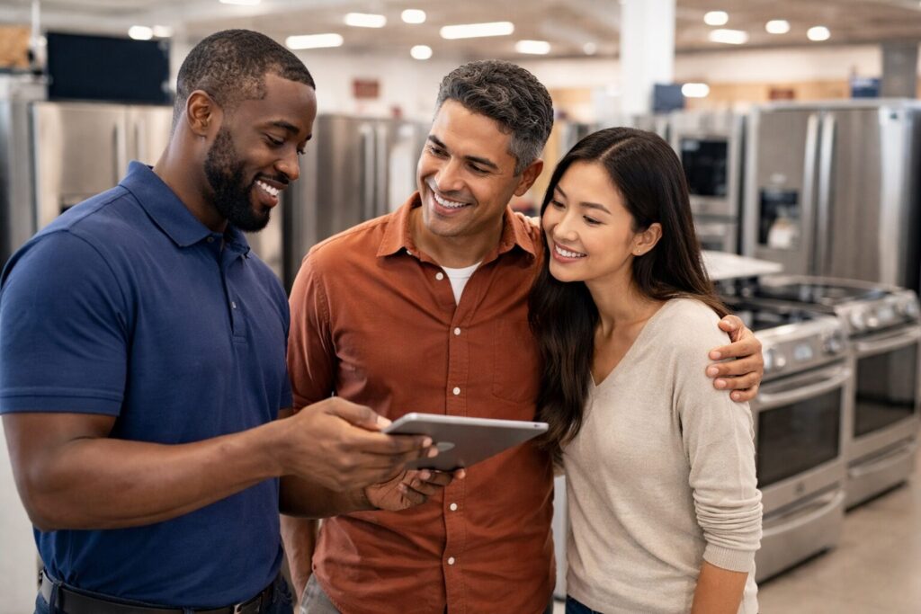 Multicultural family discussing appliance options with a sales associate in a modern showroom with kitchen appliances visible