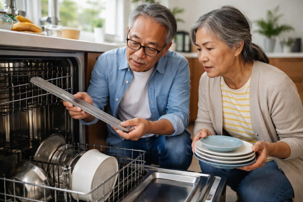Asian older couple examining a modern kitchen appliance in a bright home setting with natural expressions