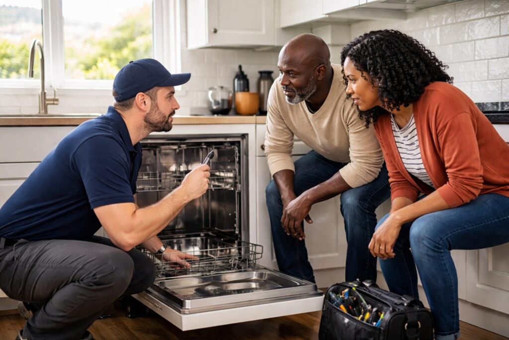 couple discussing appliance warranty options with sales associate in modern kitchen showroom