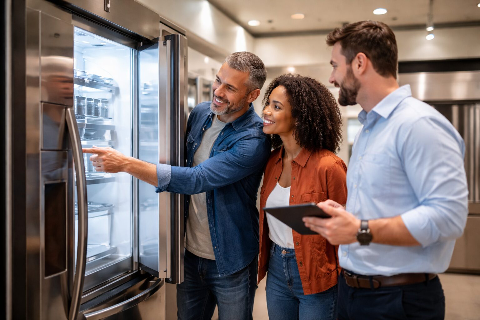 Appliance sales associate assisting a diverse couple shopping for a refrigerator in a bright modern showroom