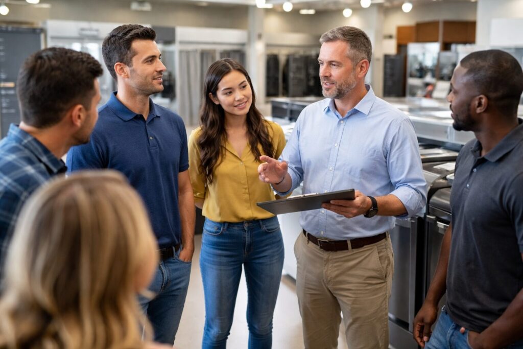 Appliance sales team discussing warranty options with a manager in a modern showroom environment