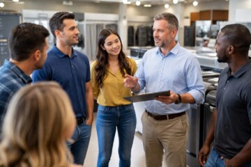 Appliance sales team discussing warranty options with a manager in a modern showroom environment
