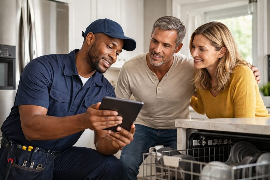 Homeowner discussing appliance repair with technician in modern kitchen, showing warranty claims interaction