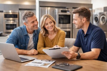 couple discussing appliance warranty options with sales associate in modern appliance showroom