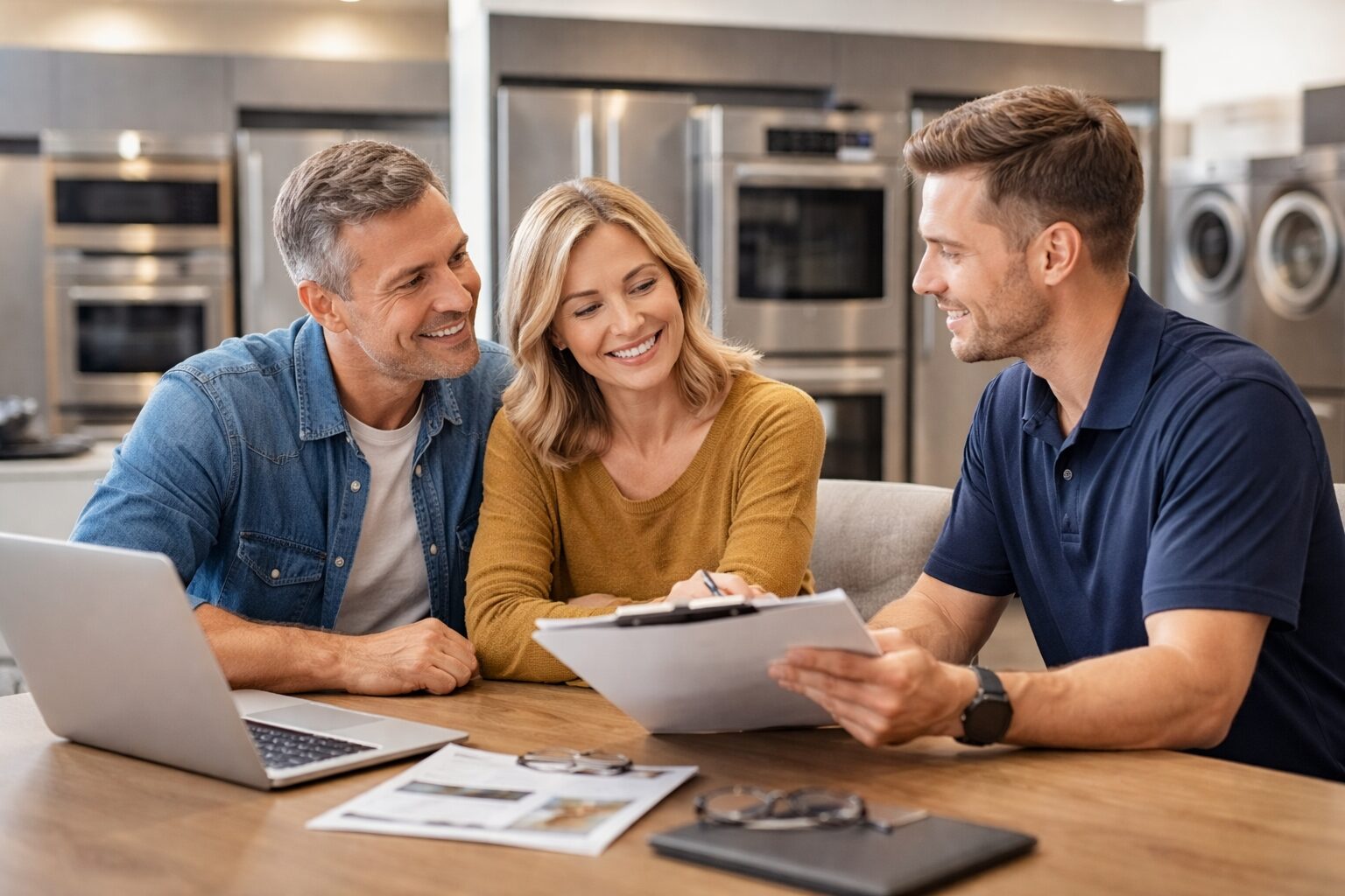 couple discussing appliance warranty options with sales associate in modern appliance showroom