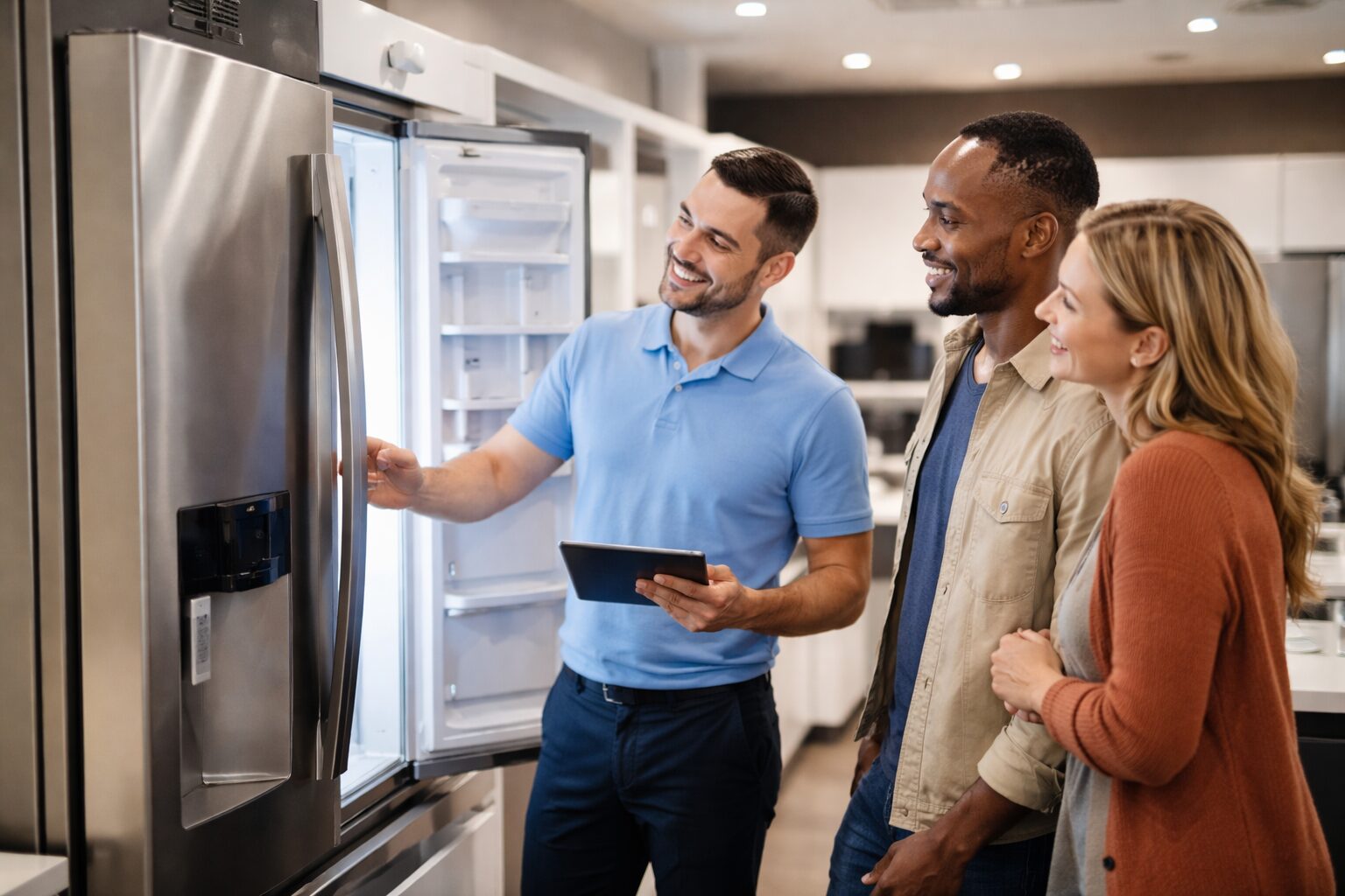 Homeowner discussing appliance warranty options with sales associate in a modern appliance showroom
