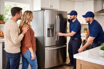 Homeowners examining modern kitchen appliances together in a bright showroom with a sales associate nearby