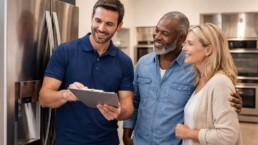 couple shopping for kitchen appliances in a bright modern showroom with a sales associate assisting them
