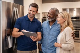 couple shopping for kitchen appliances in a bright modern showroom with a sales associate assisting them