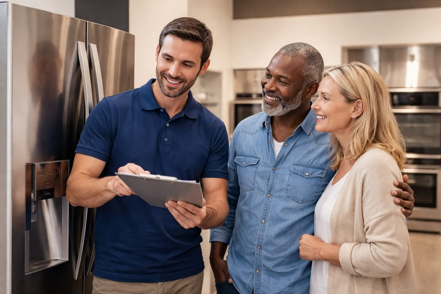 couple shopping for kitchen appliances in a bright modern showroom with a sales associate assisting them