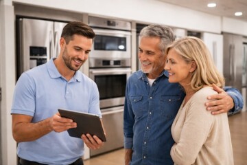Appliance retailer assisting a middle-aged couple in a modern showroom with a new refrigerator purchase
