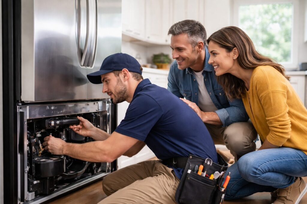 Appliance sales associate helping a middle-aged couple choose a refrigerator in a bright modern showroom