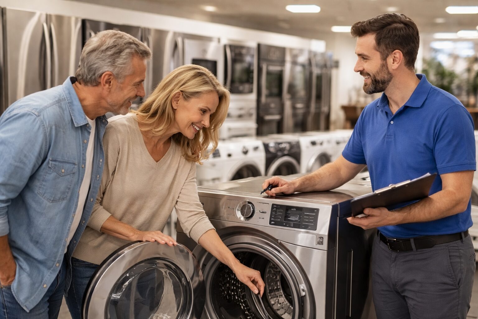 Homeowner discussing appliance warranty options with a sales associate in a modern appliance showroom
