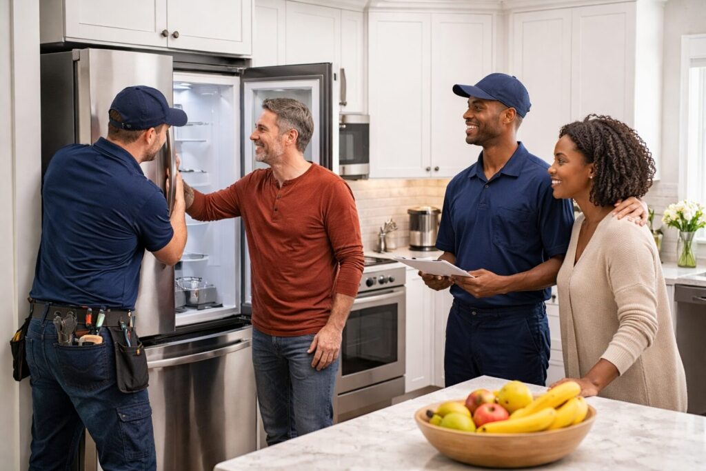 couple shopping for modern appliances in a bright showroom with a sales associate assisting them