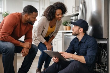 Homeowner discussing appliance warranty options with sales associate in a modern appliance showroom