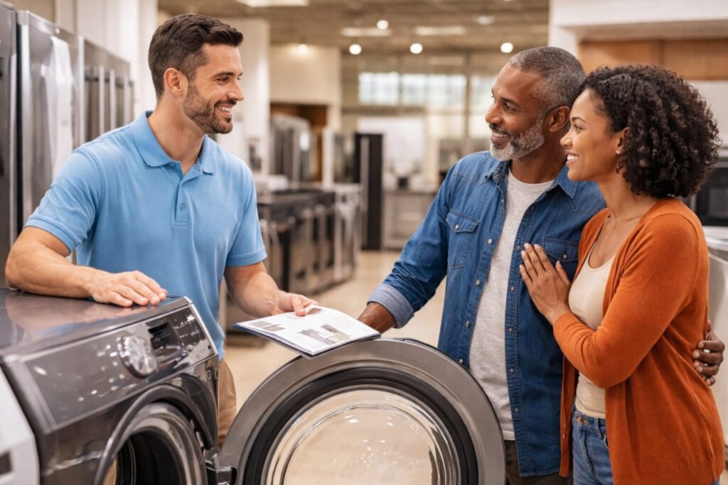 couple discussing extended warranty options with appliance sales associate in modern appliance showroom